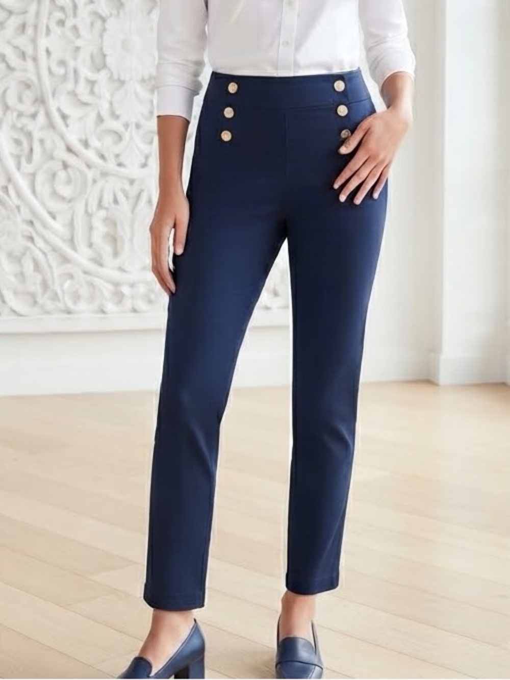 LOFT Outlet Modern Skinny Ankle Pants Navy Blue with Gold Button Detail